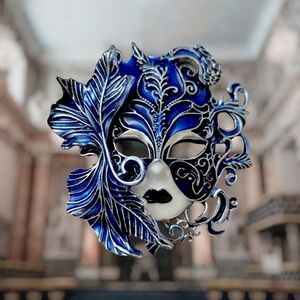 Elegant Blue and Silver Mask Brooch